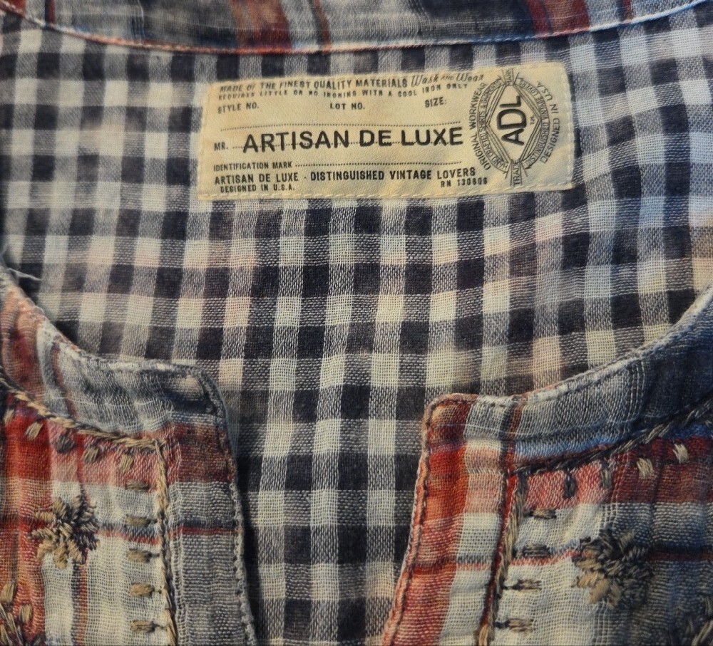 Artisan De Luxe Double Layer Embroidered Plaid Boho Blouse Size L Very Good Cond - Picture 2 of 8